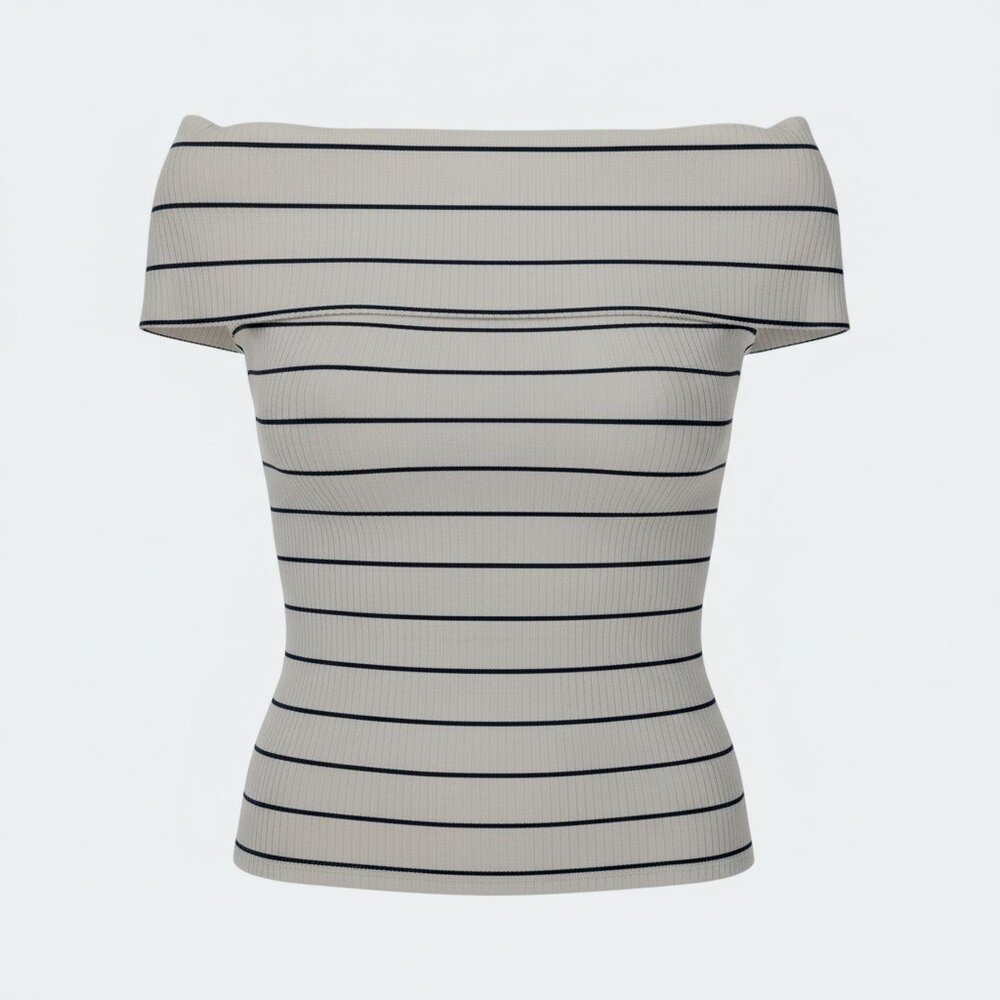A New Day Off Shoulder Striped Top Ivory Navy Ribbed Knit Size Small
